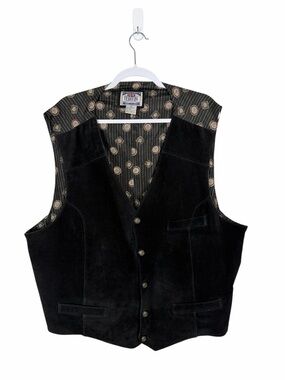 Vintage New Terrain Leather Vest 3X Black Western Biker Cowboy Button Front Silk